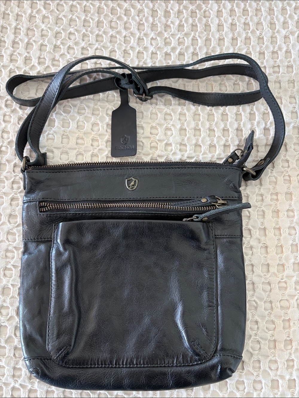 Black Fossil Leather Crossbody Bag with Front Pocket